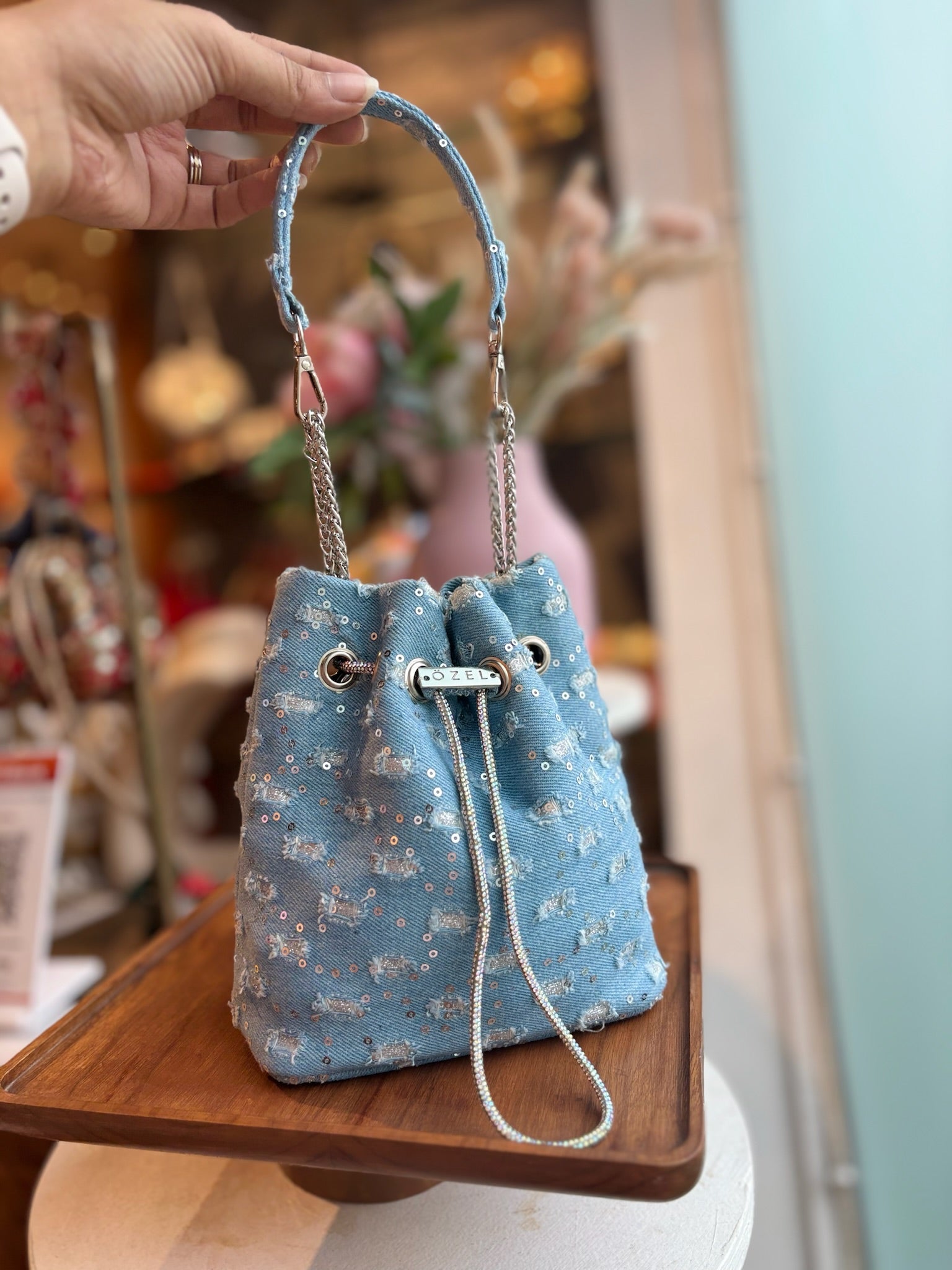 Sequin Denim Bucket Bag