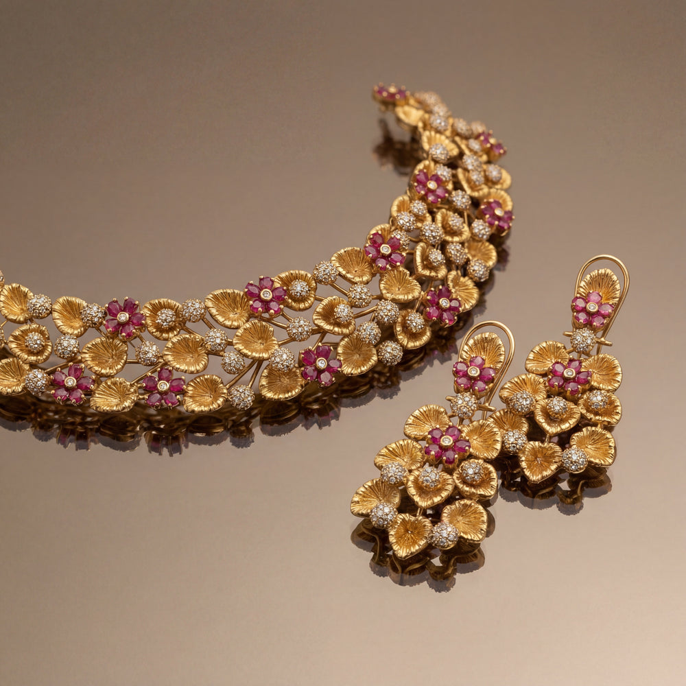 Floréa ruby garden set – handcrafted floral ruby necklace and earrings by Ozel