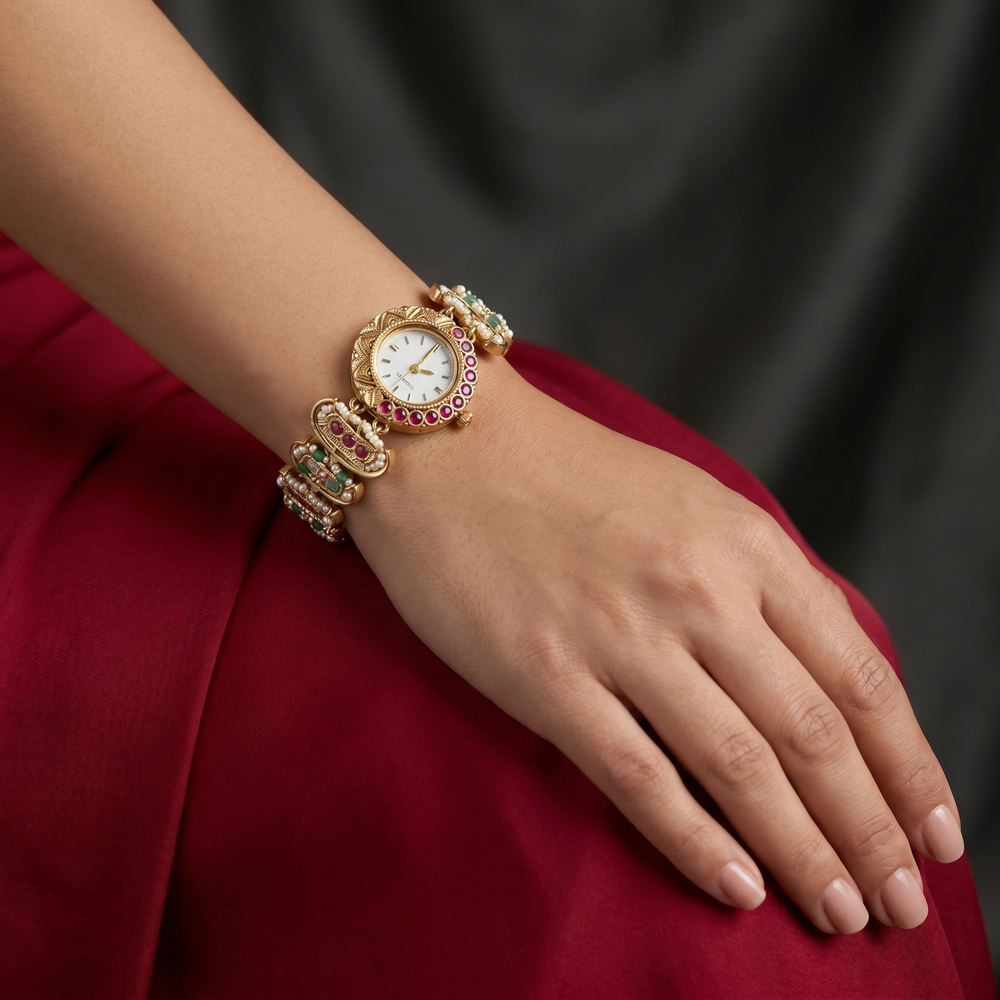 Hemangini Imperial Watch bracelet with gemstone accents and heritage artisan detailing by Ozel