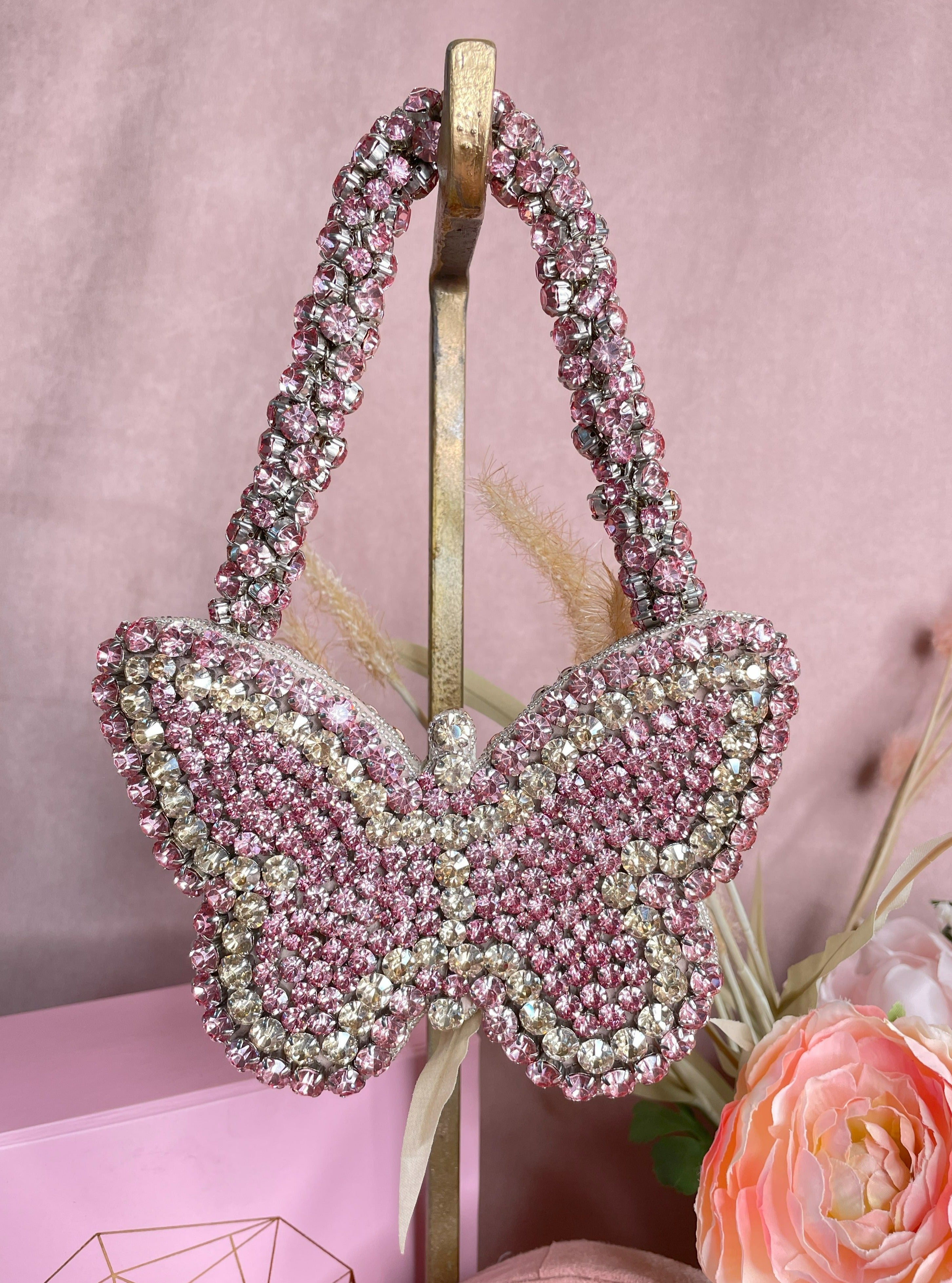 Pink & Gold Rhinestone Mini Butterfly Bag
