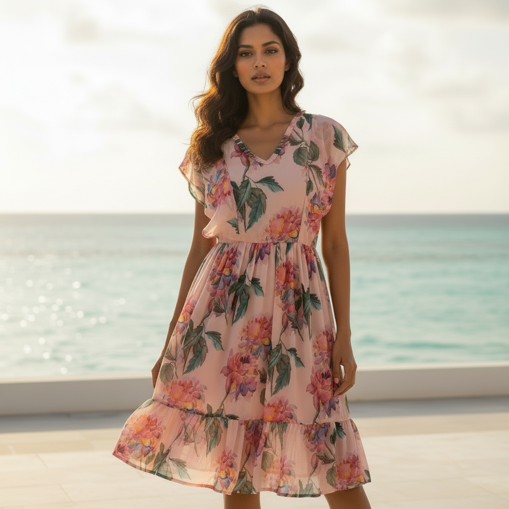 Isla floral chiffon dress – light Indian designer dress by Ozel