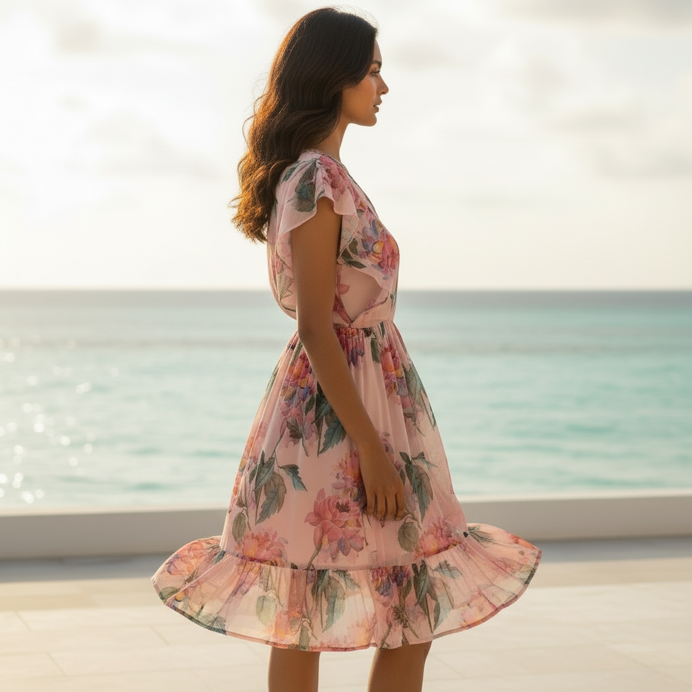 Isla floral chiffon dress – light Indian designer dress by Ozel