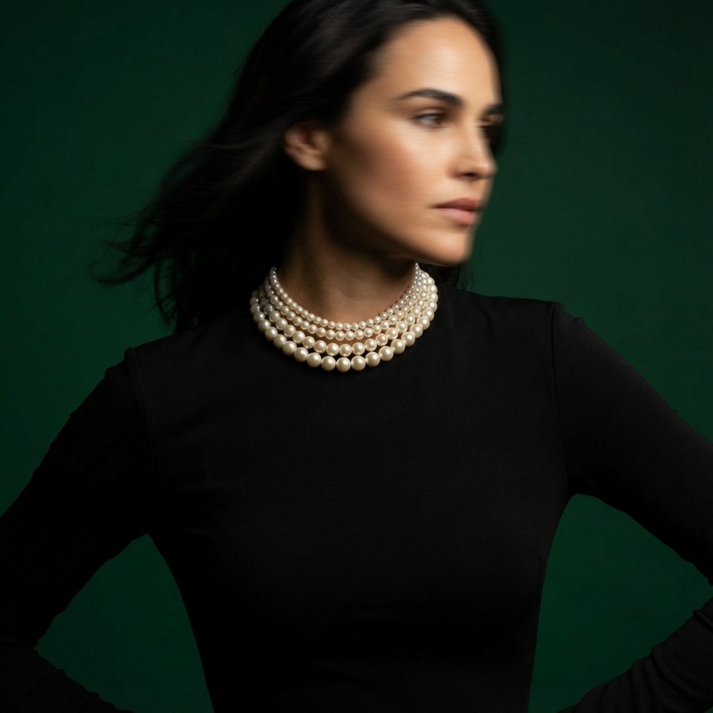 Swarovski four-layer pearl choker in sculpted collar silhouette — heritage jewellery by Ozel