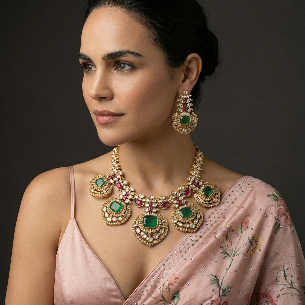 Meera Emerald Kundan Chand Necklace – traditional Indian jewelry by Ozel