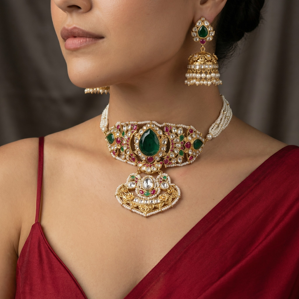 Jadau Panna Pearl Choker Set – handcrafted jadau choker by Ozel