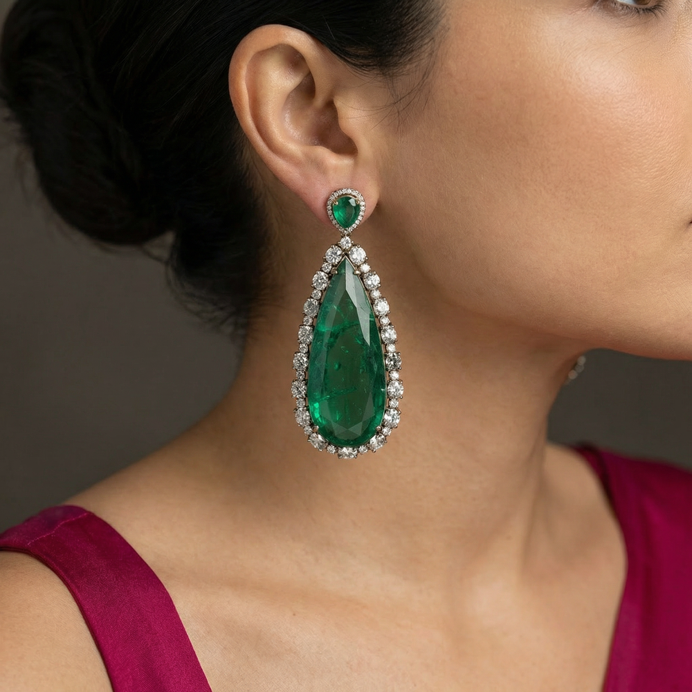 Vanya Luxe Emerald Drops Earrings – vibrant luxury earrings by Ozel