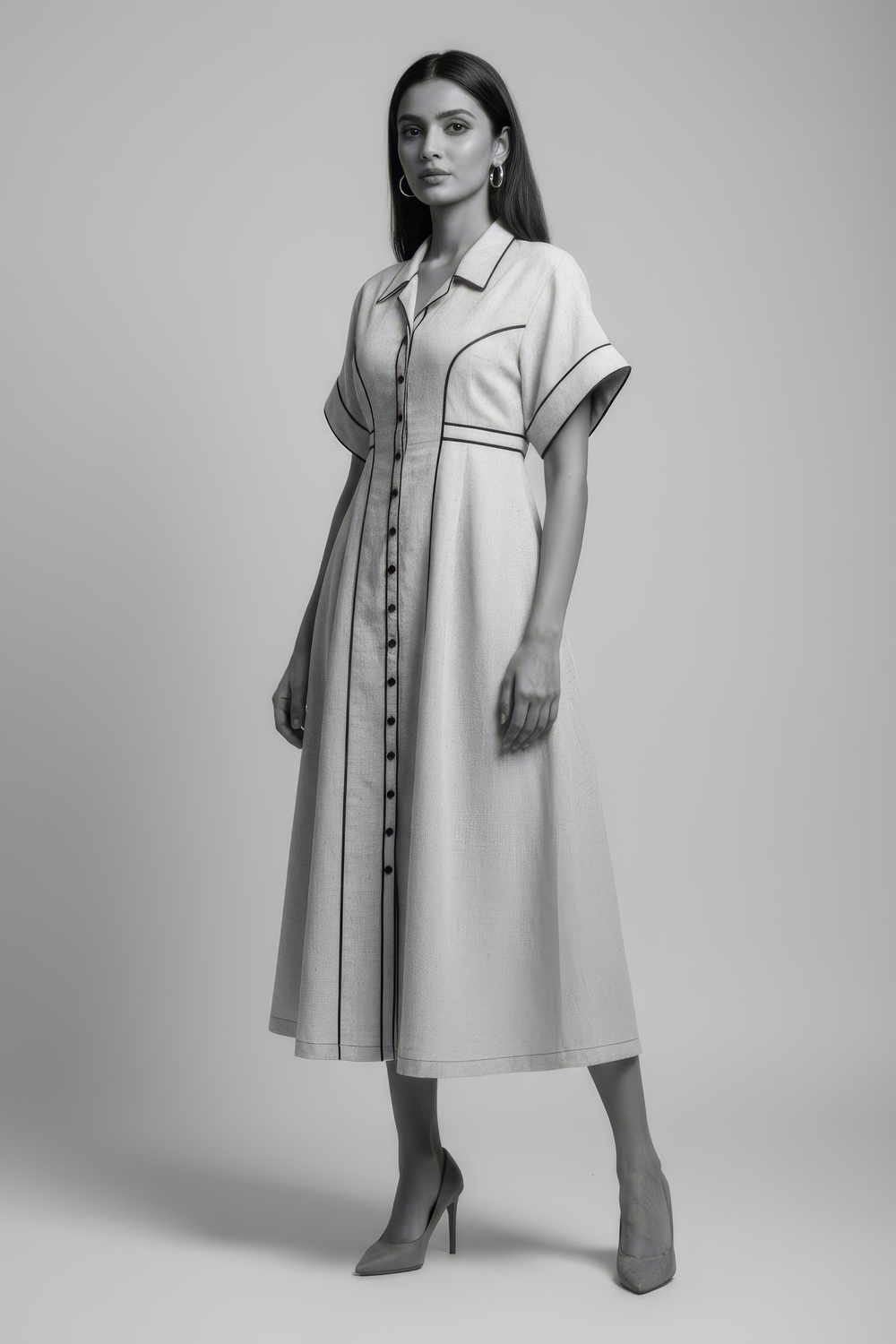 Back view of contrast piping midi dress — Ozel