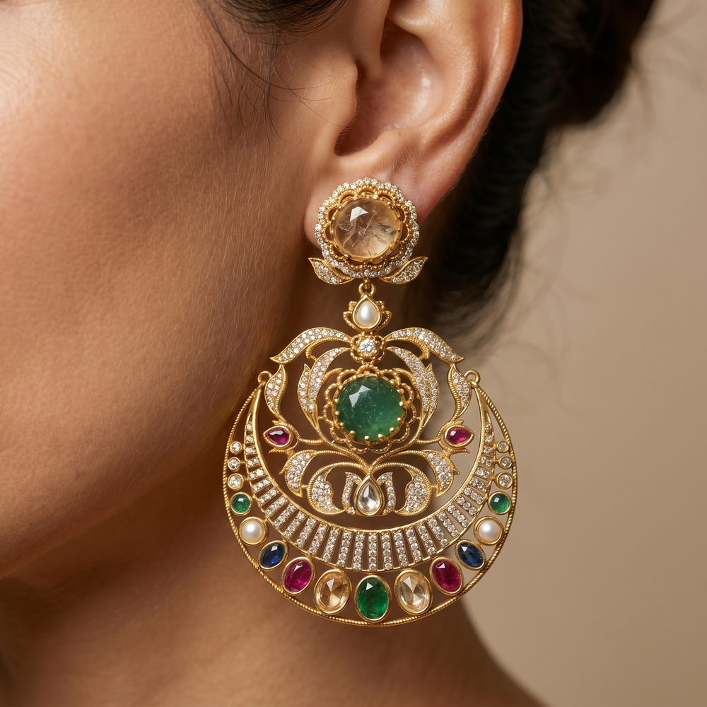 Antique gold chandbali earrings with kundan and emerald stones — Ozel