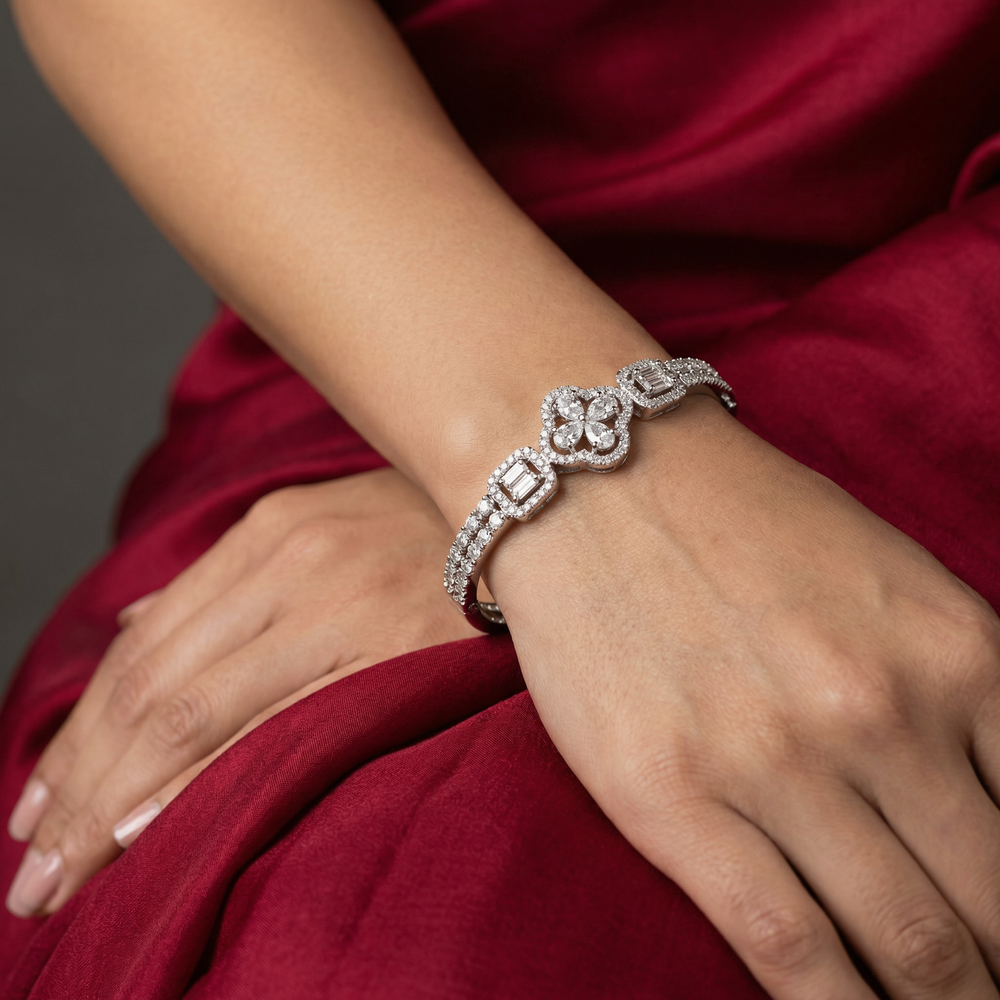 Manya diamond clover bracelet with petal detailing and gold chain