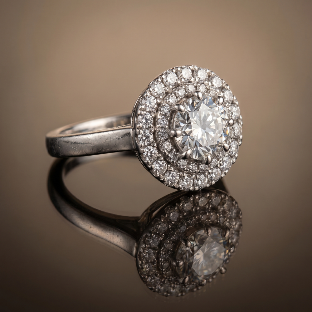 Myra diamond halo ring – detail view by Ozel