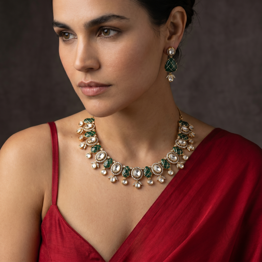 Nandini Noor emerald enamel kundan necklace and earring set — Ozel