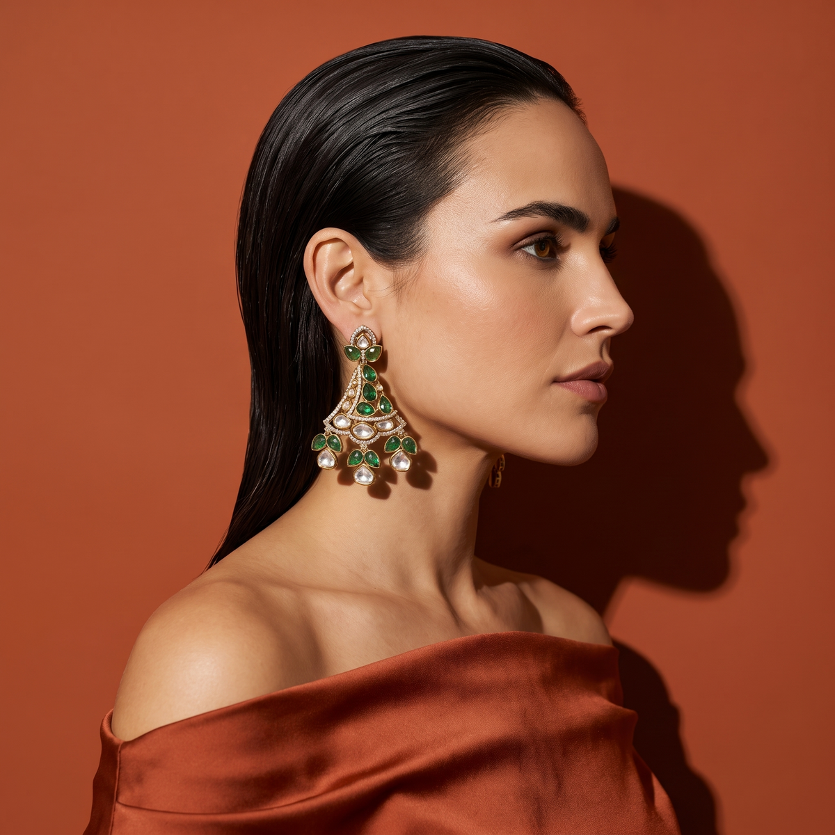 Navika Green Kundan Chandelier Earrings