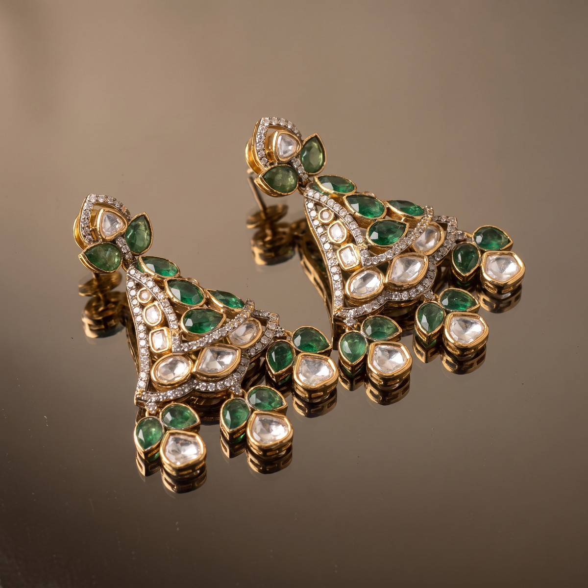 Navika Green Kundan Chandelier Earrings