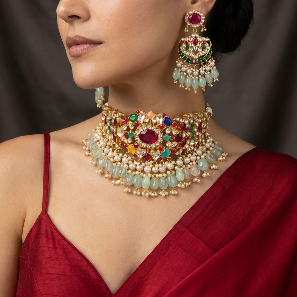 Nayantara Navratna Royale Choker Set with nine sacred gemstones in a regal handcrafted setting by Ozel
