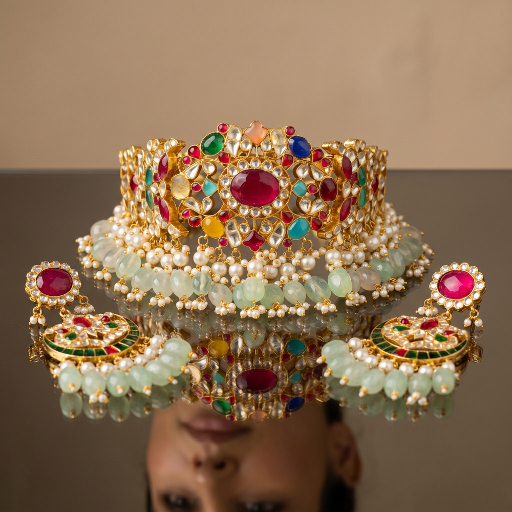 Nayantara Navratna royale choker set – detail view by Ozel