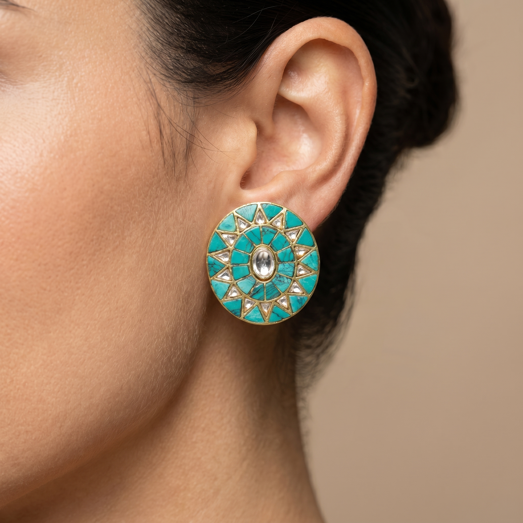 Ojasvi turquoise halo stud earrings – detail view by Ozel