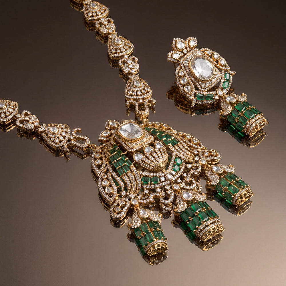 Rajvansh Emerald Polki Statement Set – artisan Indian bridal jewelry by Ozel