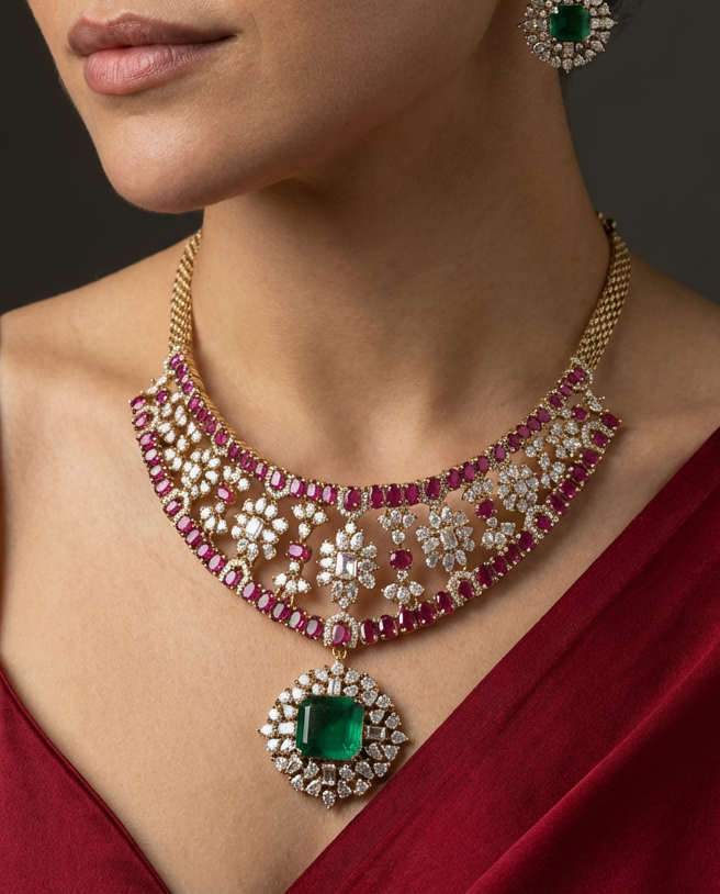 Ruby and emerald floral polki necklace set – front view of necklace by Ozel