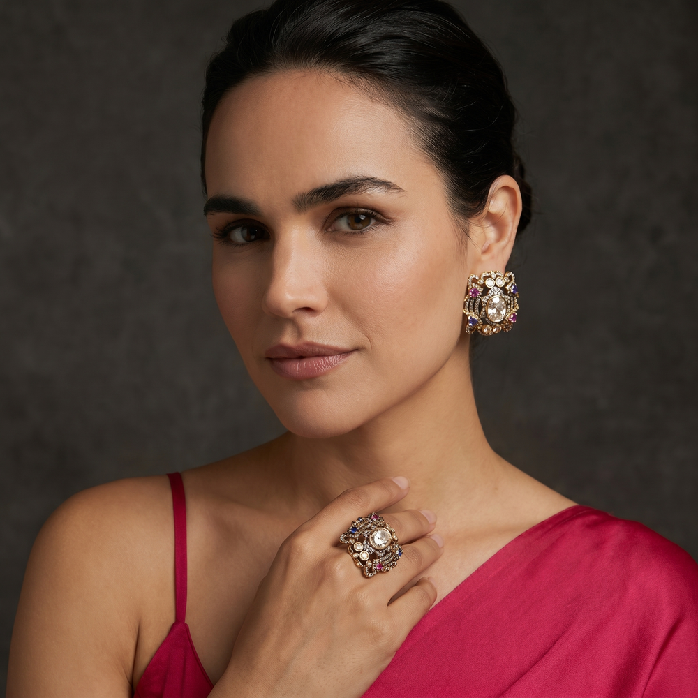 Rajeshwari Blue and pink Earrings and Ring Set