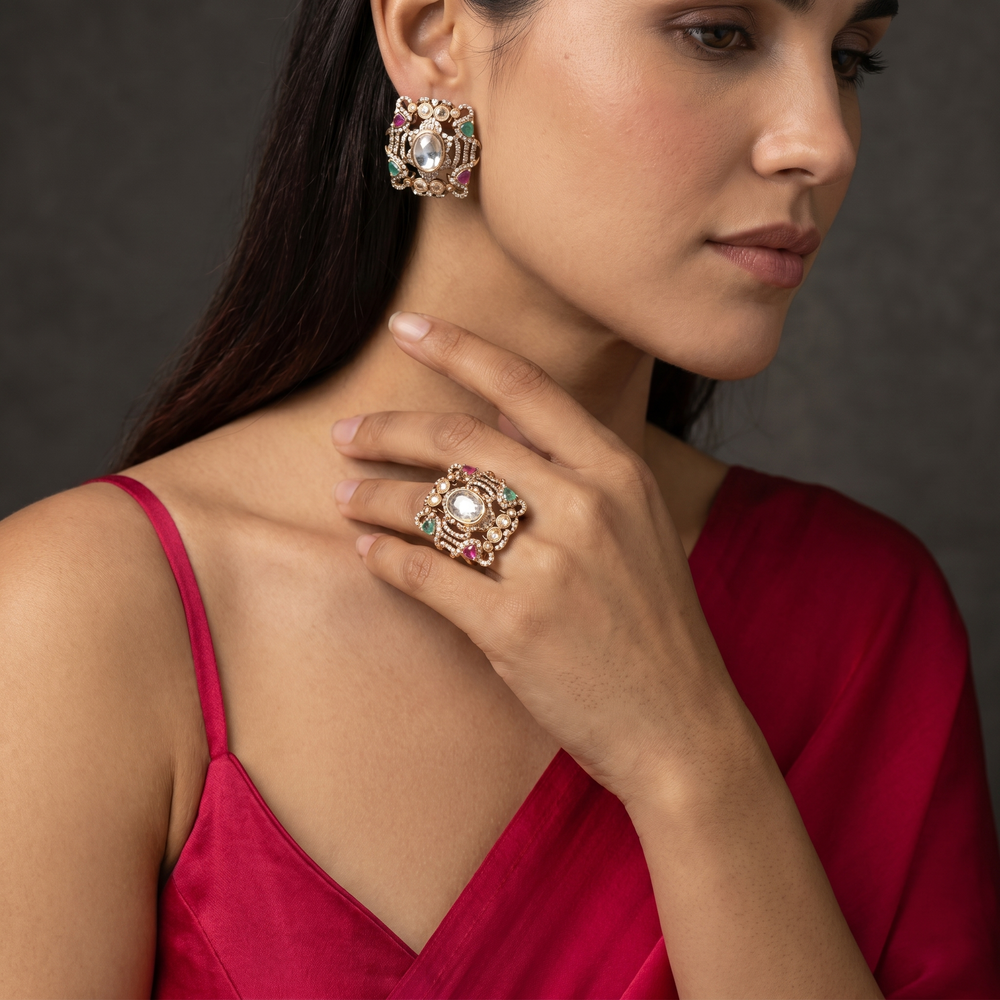 Rajeshwari Pink and Green Earrings and Ring Set