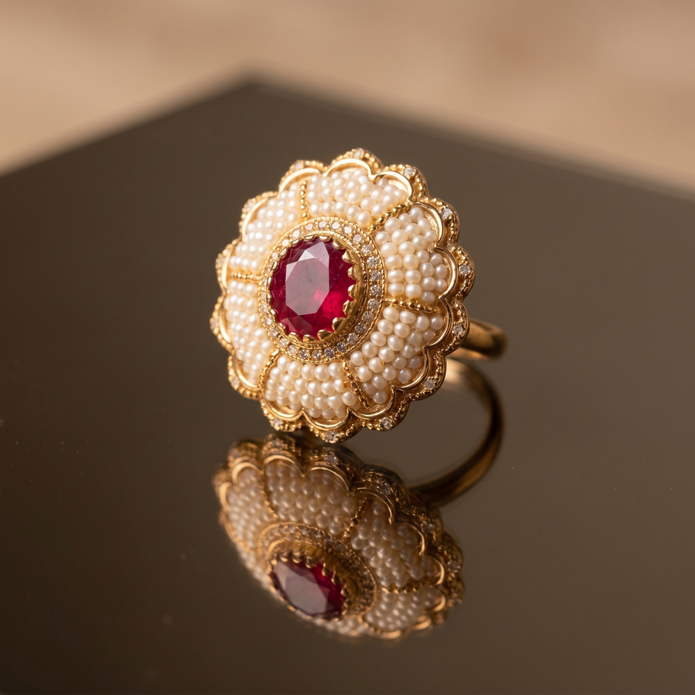 Top view of Ravisha emerald and pearl ring — Ozel