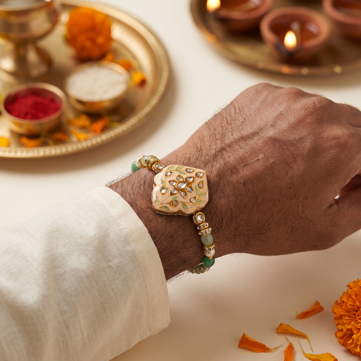 Regal Kundan Emerald Rakhi