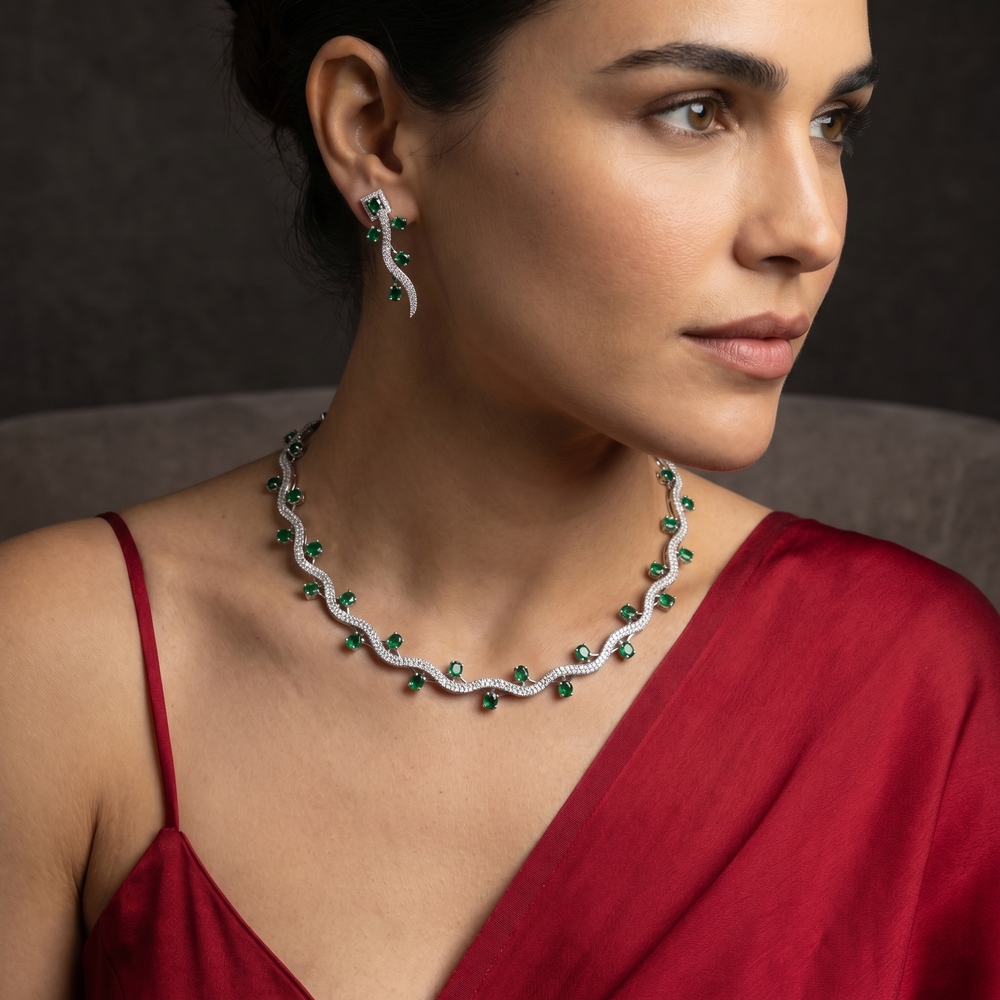 Rhea emerald line necklace and earrings set by Ozel