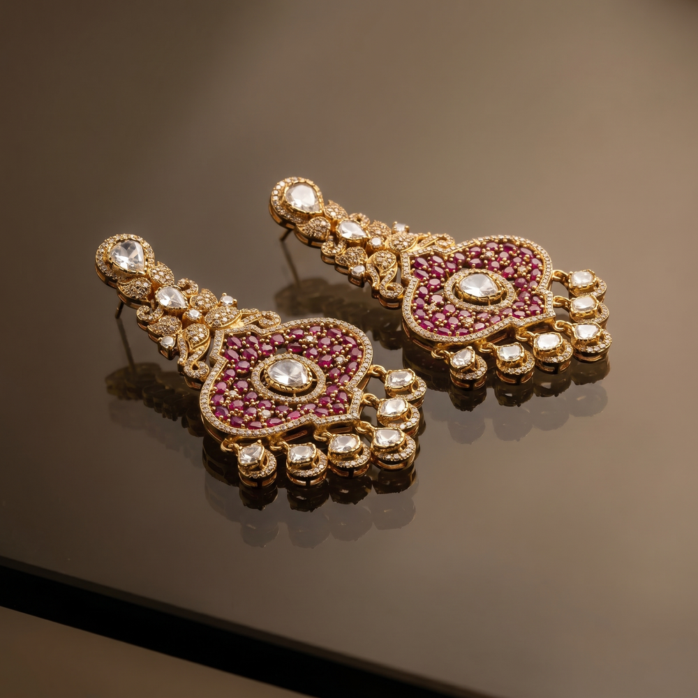 Detailed view of Ridhyika ruby kundan earrings — Ozel