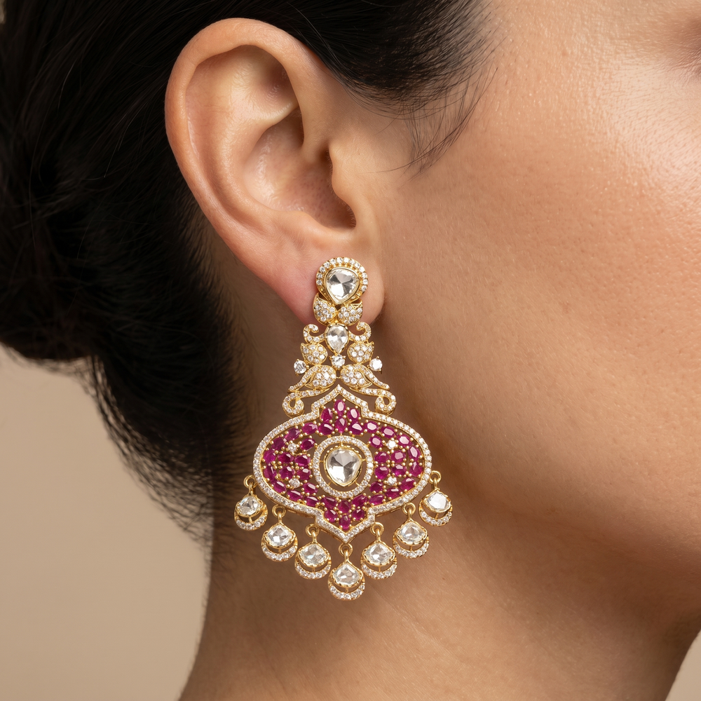 Ridhyika antique gold ruby and kundan statement earrings with dangling charms — Ozel