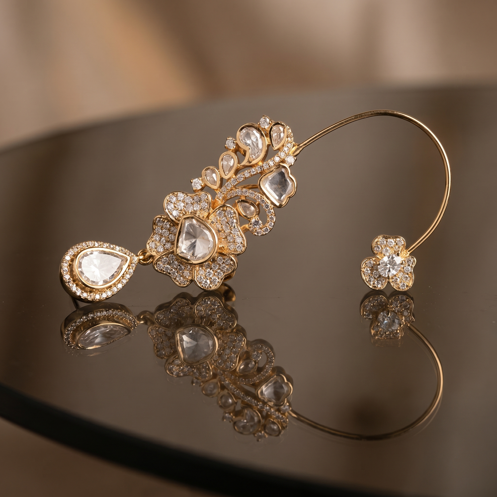 Rishaya crystal floral ear cuffs – detail view by Ozel