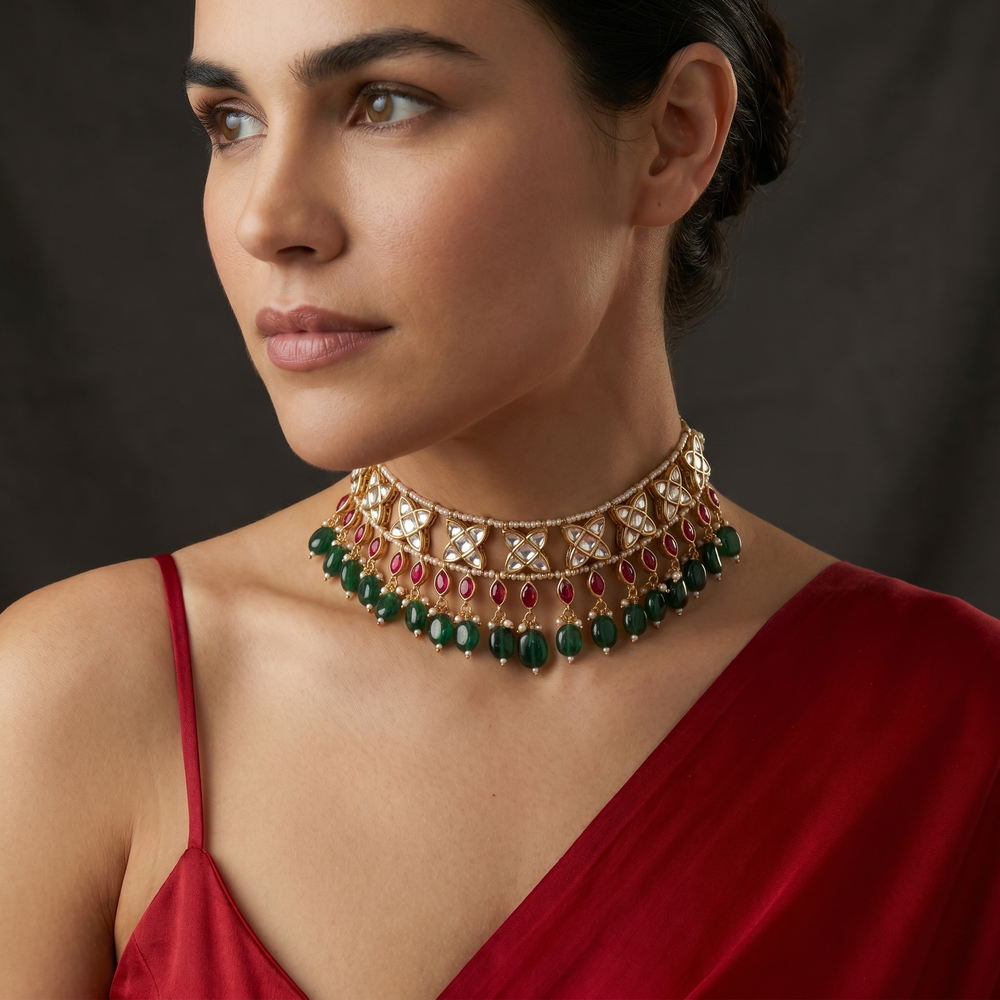 Ritika emerald charm choker with polki stones and hanging charms