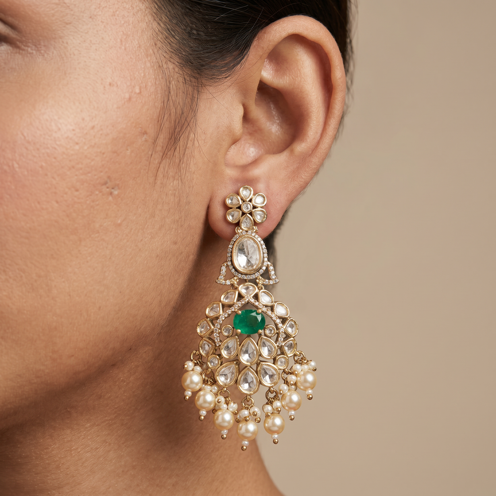 Ruhanika Pearl Cascade Earrings with layered pearl drops and gold-tone setting by Ozel