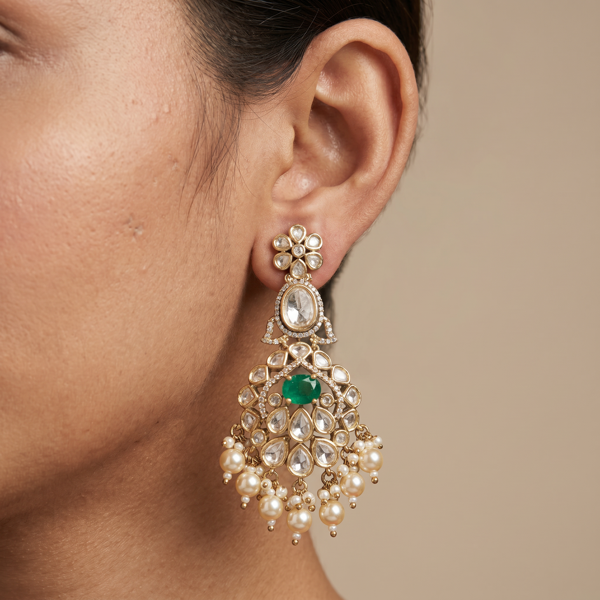Ruhanika Pearl Cascade Earrings with layered pearl drops and gold-tone setting by Ozel
