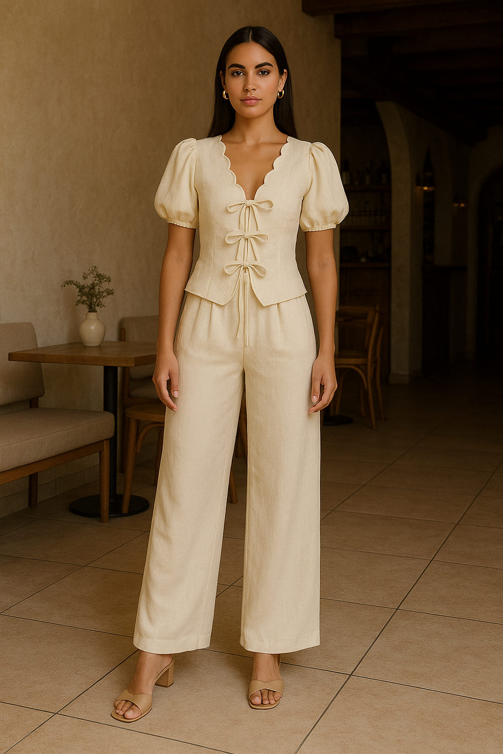 Side view of butter cream bow top and pants — Ozel