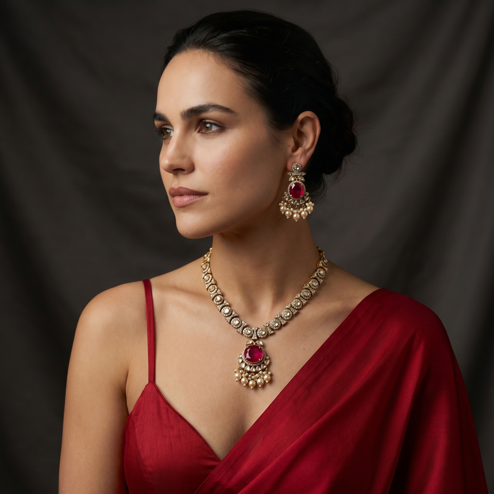 Ruvyani ruby necklace set with kundan stones and pearl droplets
