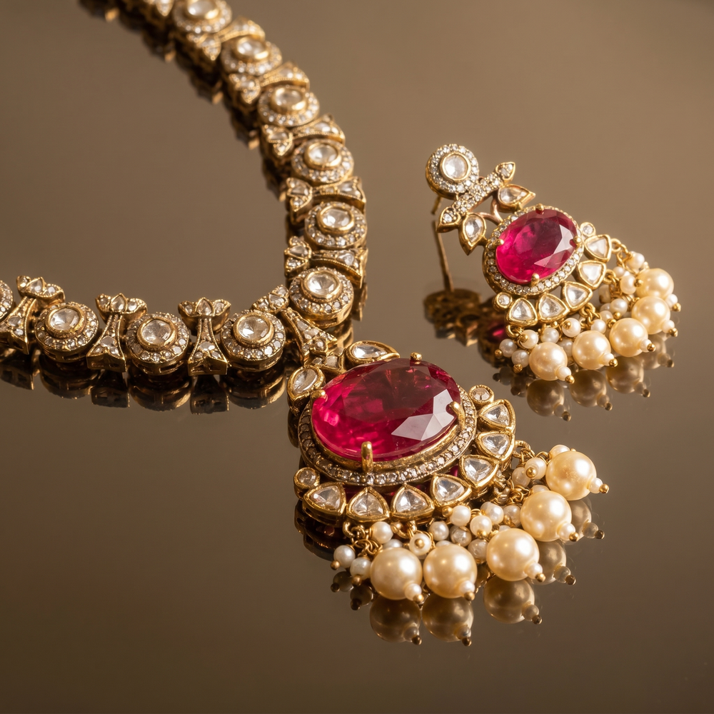 Ruvyani ruby necklace set – detail view by Ozel
