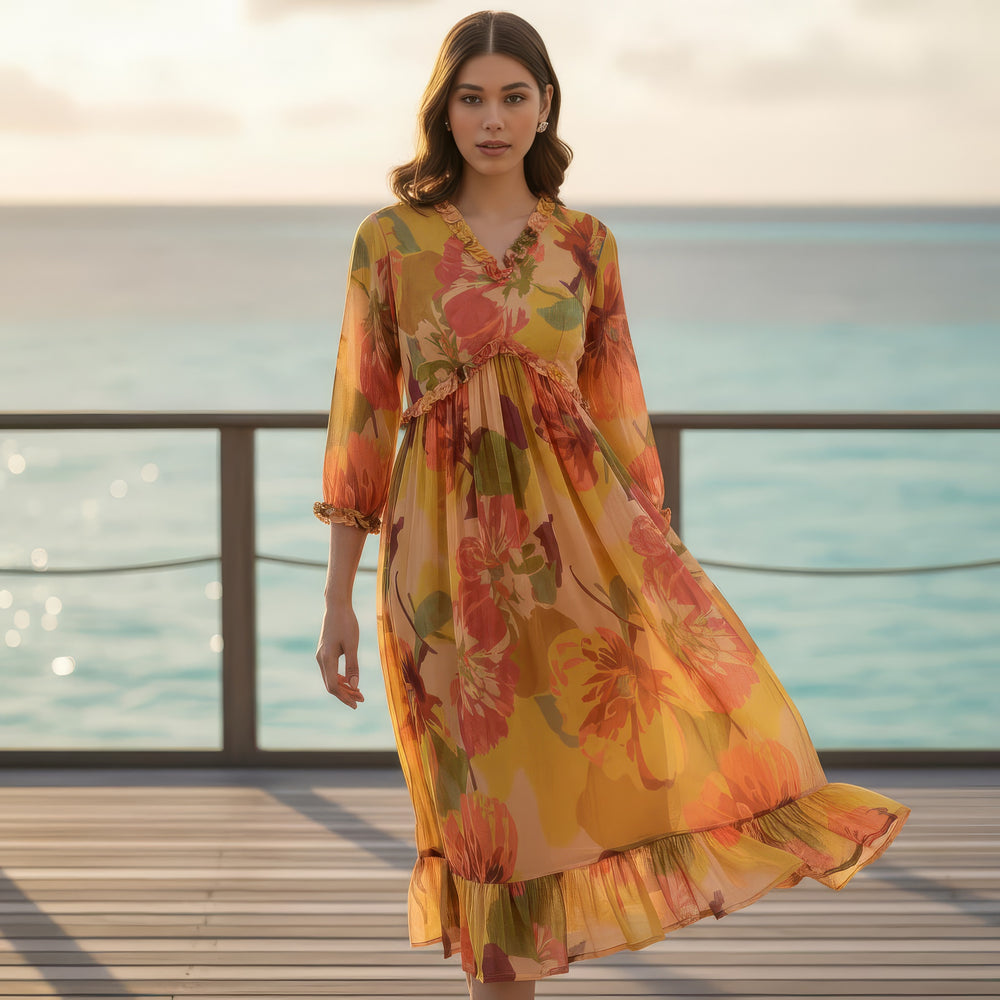 Sunset bloom dress – handcrafted Indian occasion dress by Ozel