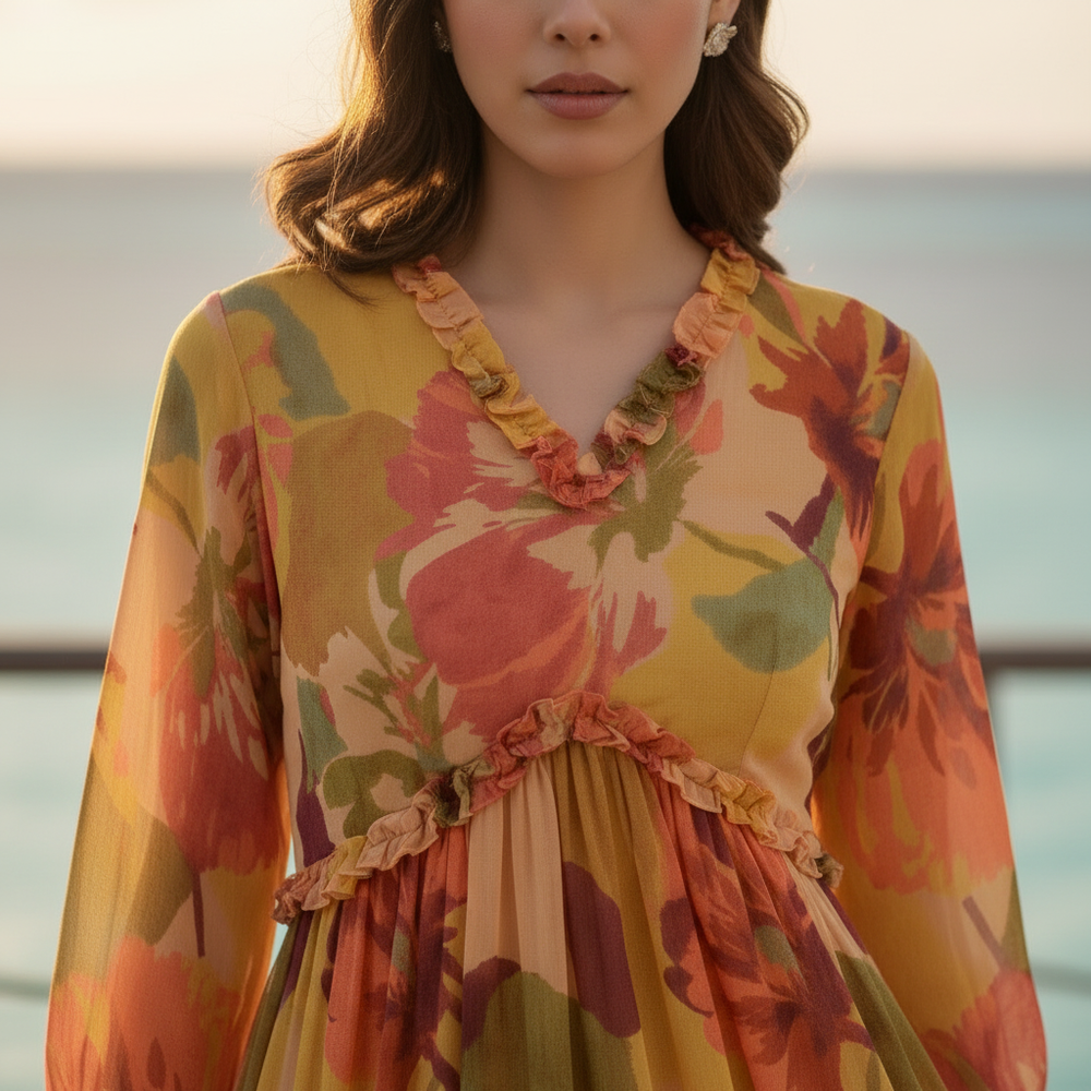 Sunset bloom dress – floral bloom print detail by Ozel