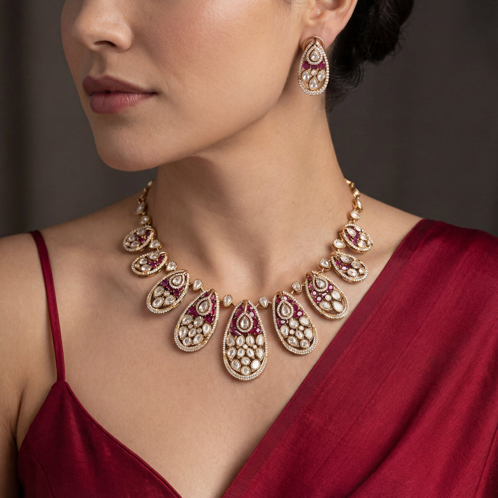 Samara Teardrop Necklace Set with cascading teardrop elements in handcrafted gold by Ozel