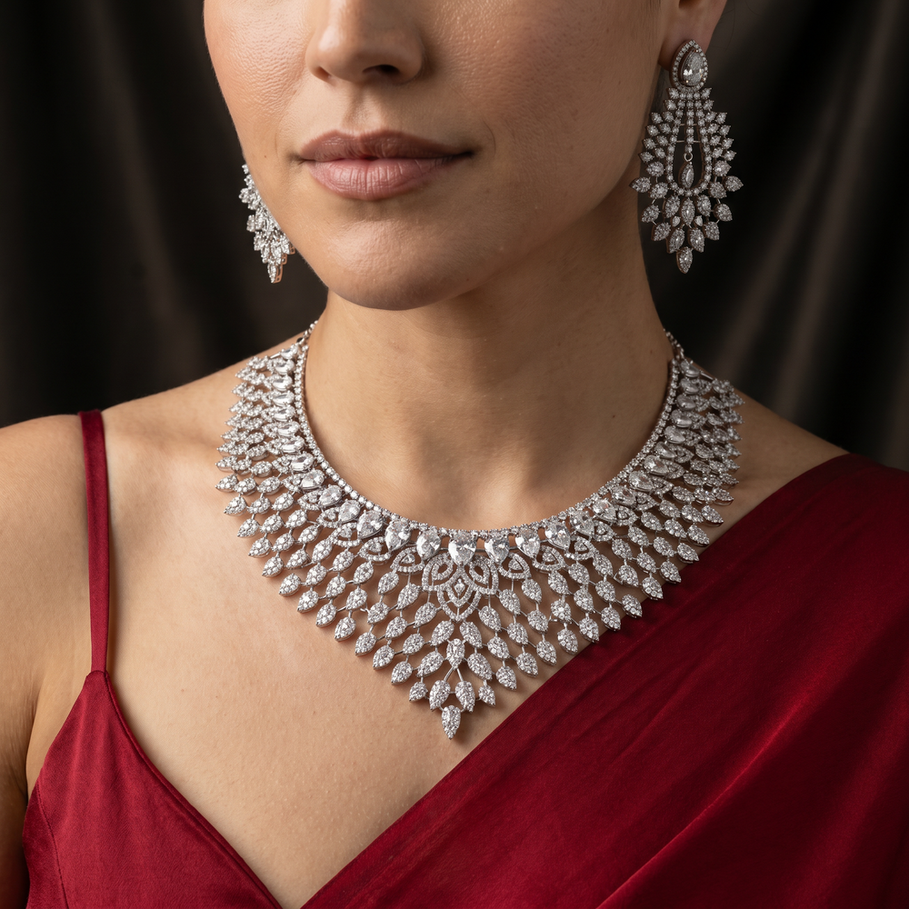 Tanirika diamond feather cascade set – regal Indian bridal heirloom by Ozel