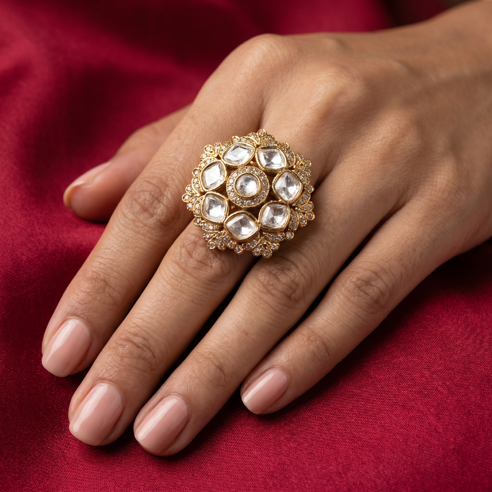 Tavishka antique gold kundan floral statement ring — Ozel