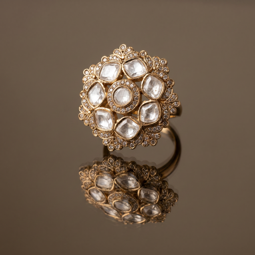 Top view of Tavishka kundan blossom statement ring — Ozel