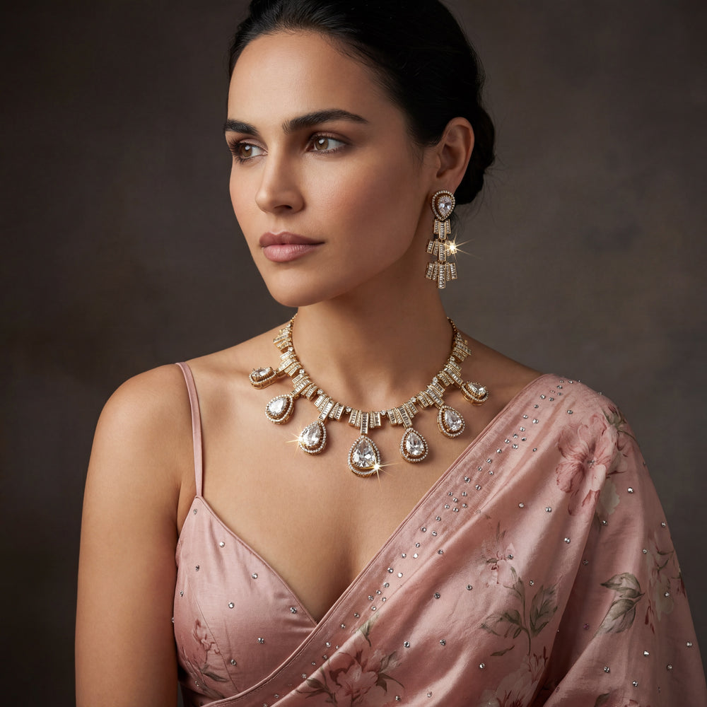 Virelle baguette moissanite set white – worn on neck by Ozel