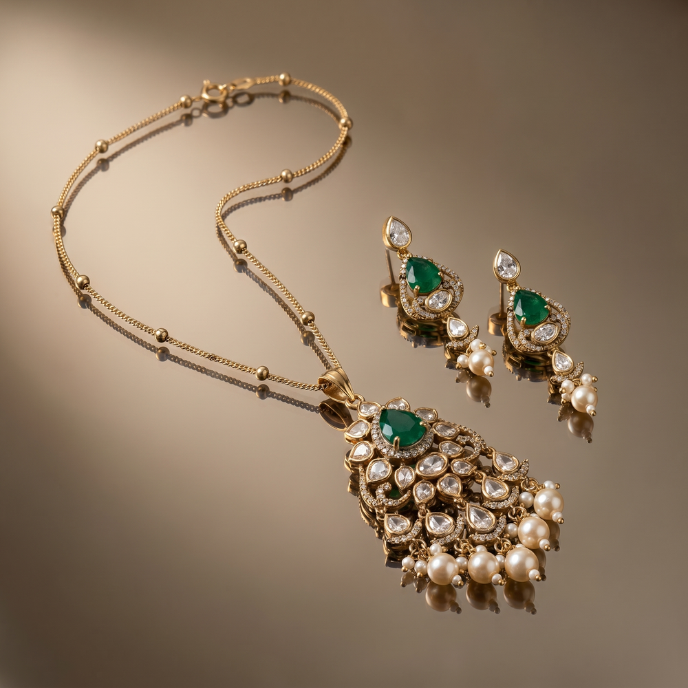 Vaidehrika emerald pendant detail with kundan setting — Ozel
