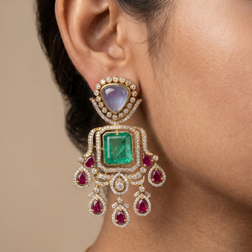 Vainika statement earrings with kundan, emerald, lilac and ruby stones — Ozel