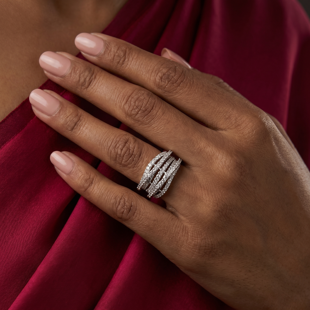 Vihana Twisted Radiance Ring with spiral diamond-like brilliance and heritage gold setting by Ozel