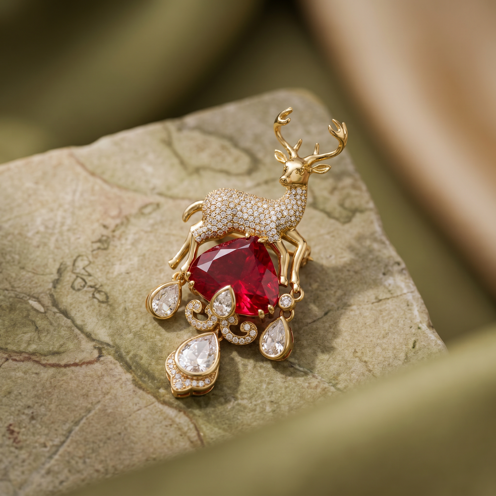 Vyara scarlet stag brooch with crystal detailing in antique gold
