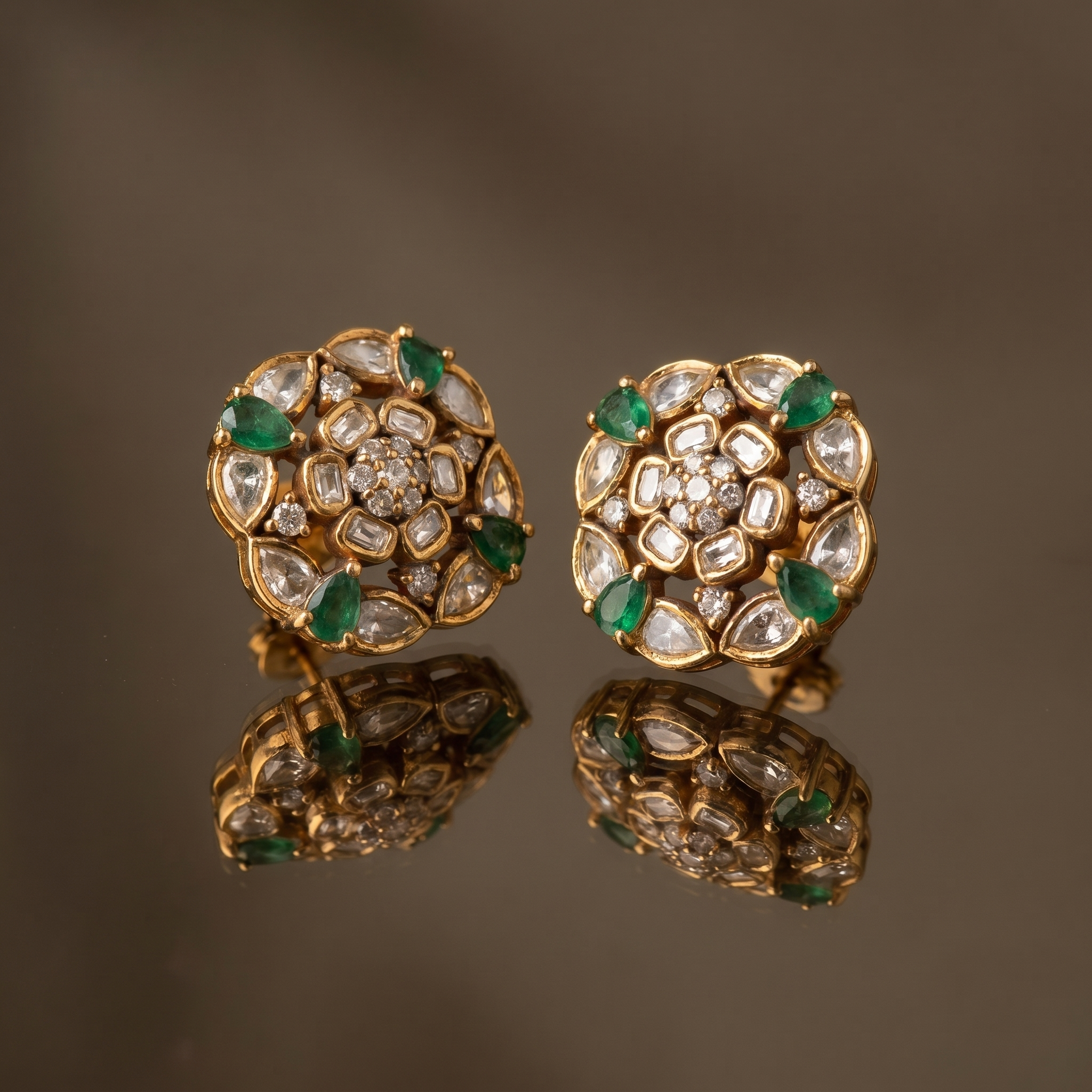 Vyomika emerald bloom stud earrings – detail view by Ozel