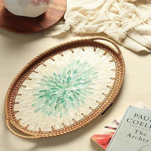 Serenity Artisanal Mother of Pearl Inlay Rattan Tray