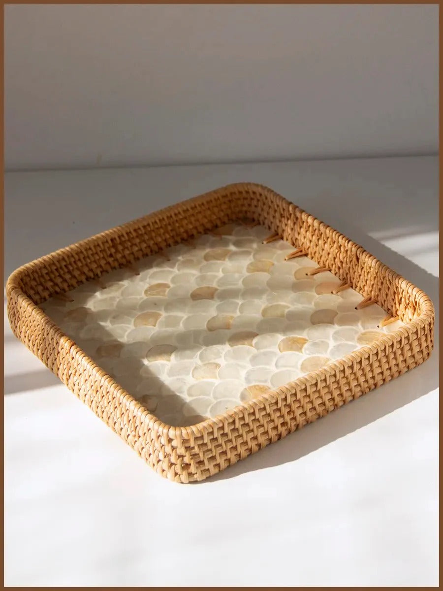 Oyster Artisanal Mother of Pearl Inlay Rattan Tray